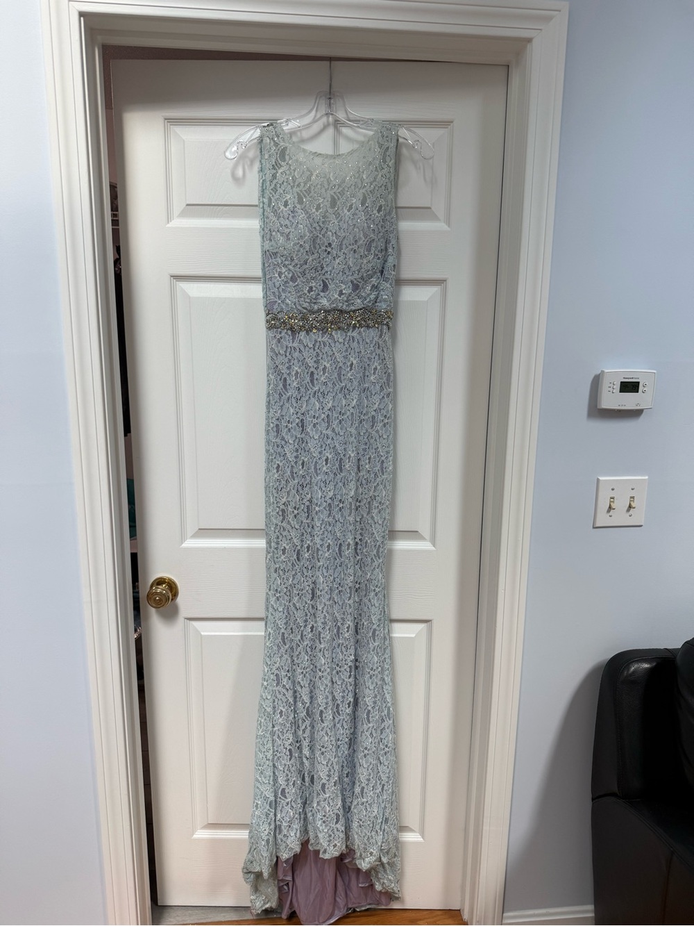 Vienna Prom Pale Blue Lace Maxi Gown with Beaded Waist